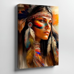 Native American Woman With Feather Headdress And Vibrant Face Paint Canvas Art