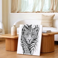 Wall Art Leopard Jungle Line Drawing Black White Wildlife Animal Print Decor