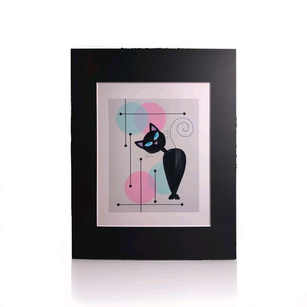 Mid Century Modern Black Cat Atomic Wall Art Print Matted 11″ x 14″