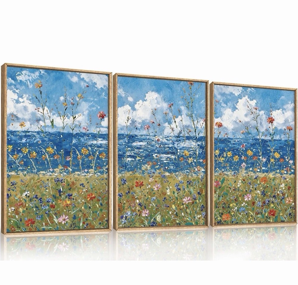 Large Blue Seaside Wildflower Framed Canvas Wall Art, Modern Decor 48”x24”