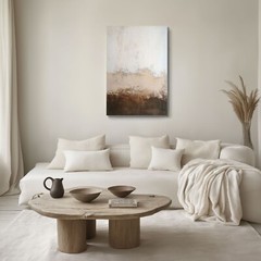 Modern Minimalist Taupe Brown Cream Painting Print on Framed Canvas Wall Art