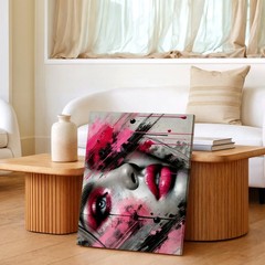 Wall Art Abstract Woman Face Canvas Print Pink Black Lips Modern Portrait Decor