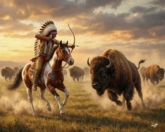 The Buffalo Hunt Native American Indian Chief Stretched Canvas Wall Art
