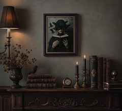 Dark Brown Framed Canvas Wall Art Gothic Victorian Woman Reading Book Damage-…