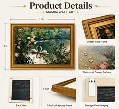 Vintage Gold Framed Swan Wall Art, Romantic White Swan Couple Oil Painting wi…