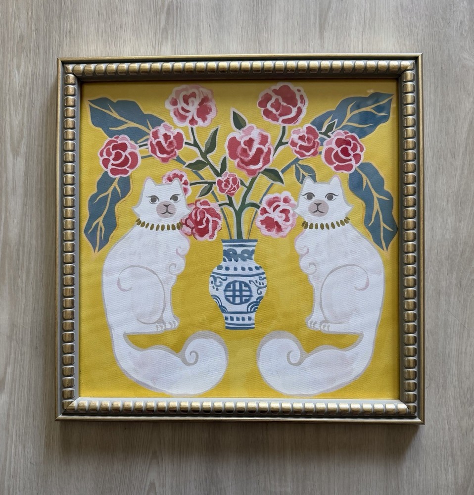 SAPNA SHAH Blue White Chinoiserie Pink Flower Filled Vase Cat Framed