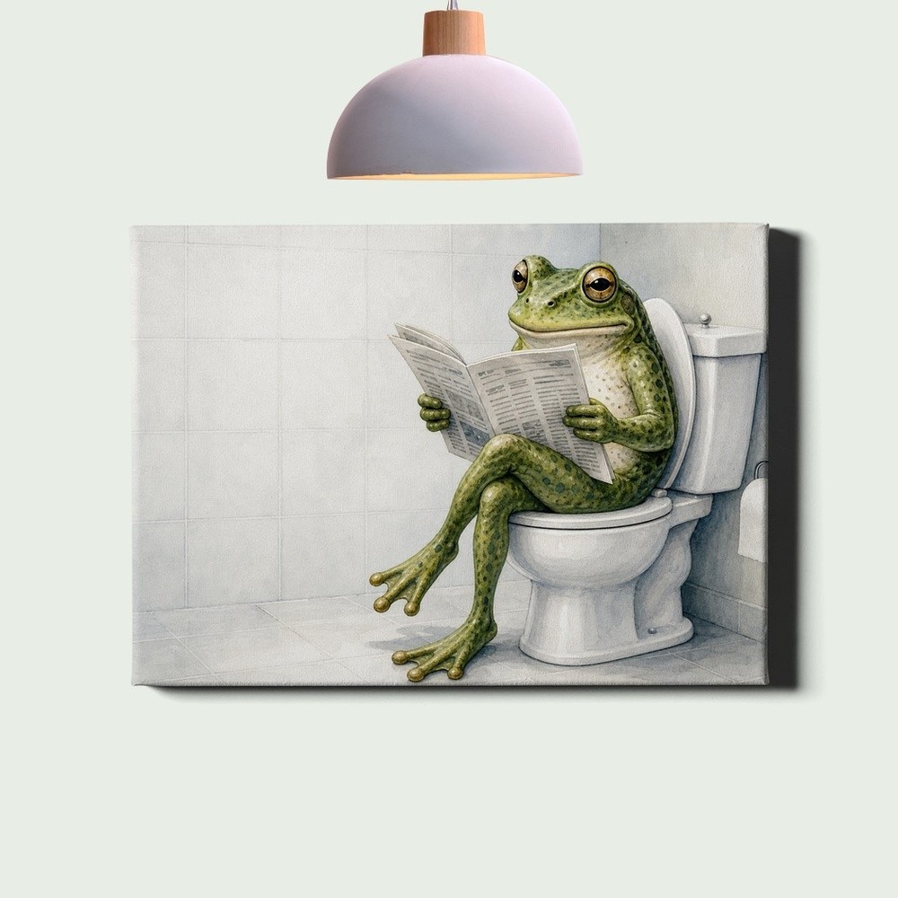 Frog Canvas Print Funny Toilet Newspaper Reading Humor Art