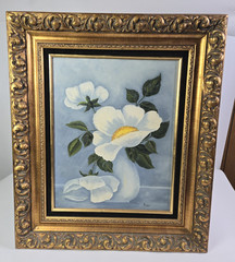 Magnolia Art Oil on Canvas Painting with Ornate Gold Frame 28.5” X 24.5”