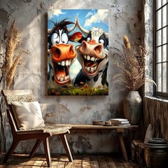 Wall Art Funny Cartoon Cows Print Laughing Farm Animal Canvas Home Decor Poster