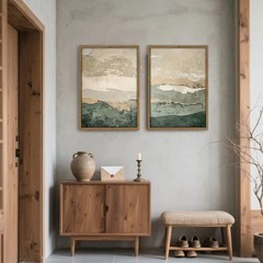 Framed 2Pcs Green Abstract Wall Art with Wood Frame Rustic Landscape Canvas P…