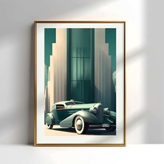 Vintage Car Art Deco Wall Art, Vintage Luxury Green Car Wall Art Poster.