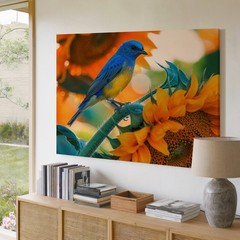 Blue Bird on Sunflower Canvas Wall Art Vibrant Nature Floral Wildlife Print