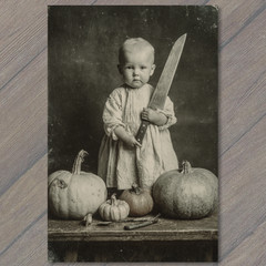 Art Print Baby Holding Knife Pumpkins Creepy Funny Halloween Retro Dark Humor