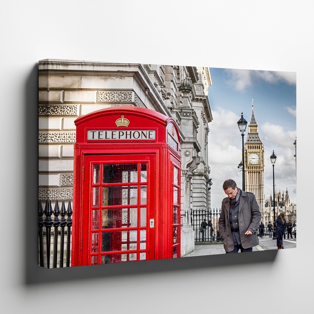 London Red Telephone Booth and Big Ben Clock Tower Urban Canvas Wall Art Print