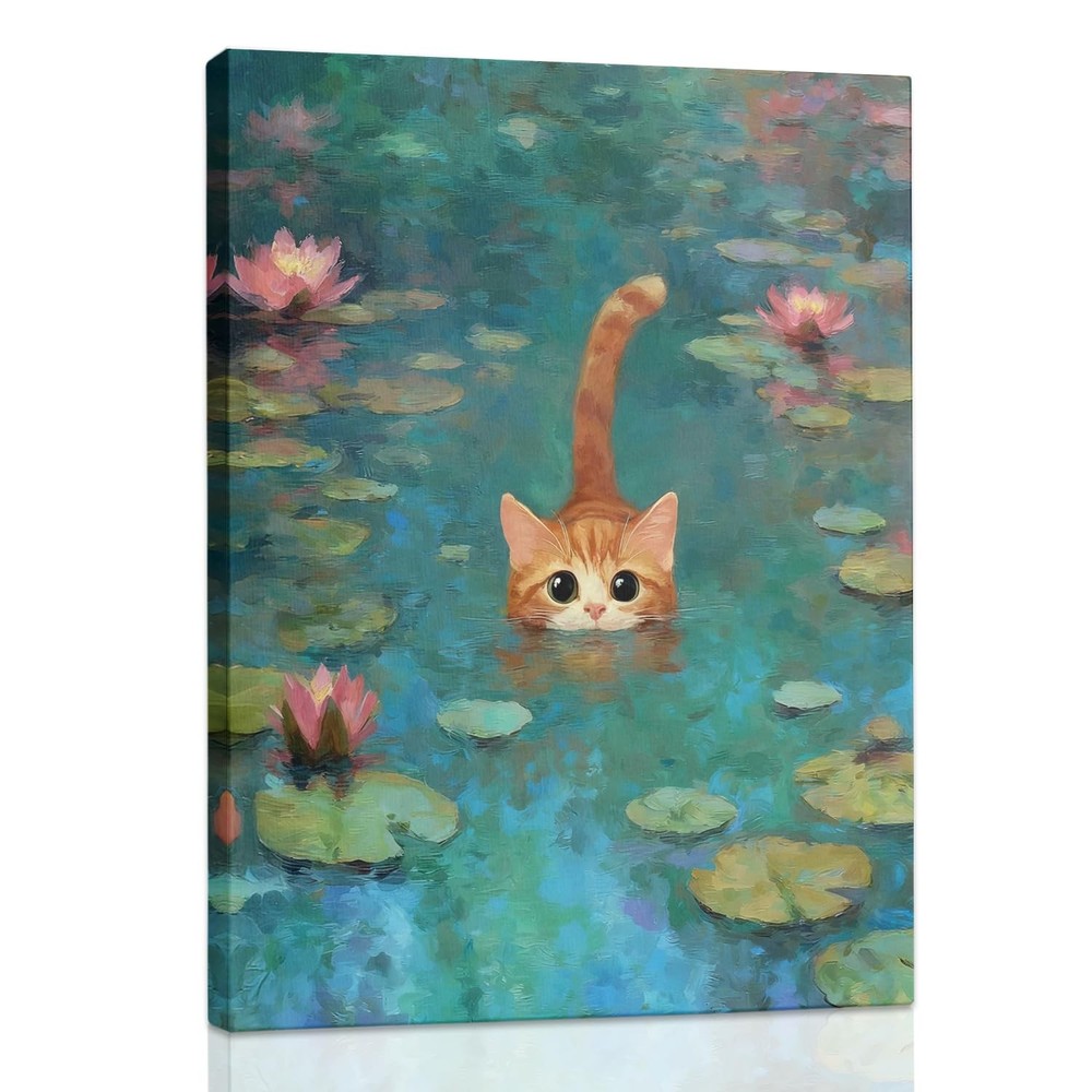 Funny Cute Orange Cat Monet Water Lilies Framed Wall Art Canvas Pictures Deco…