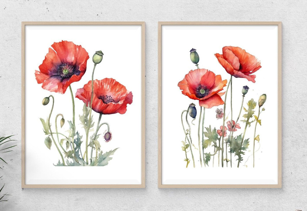 Floral Wall Art Prints, Set of 2 Red Poppies Wall Art Prints, Home Decor