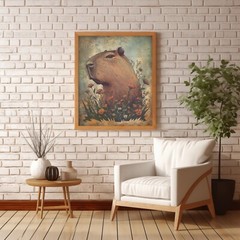 Retro CAPYBARA FLOWER Wall Art, Botanical Floral Wildlife Rodent Nature Poster