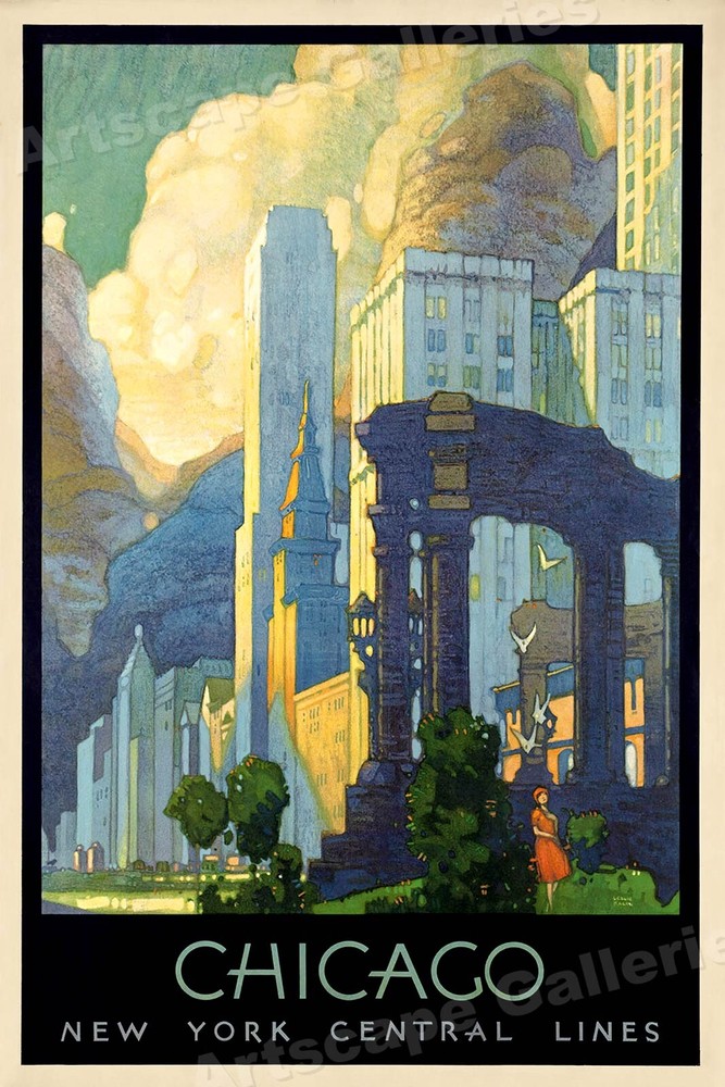 1920s Art Deco Chicago Vintage Style NY Central Line Travel Poster – 24×36