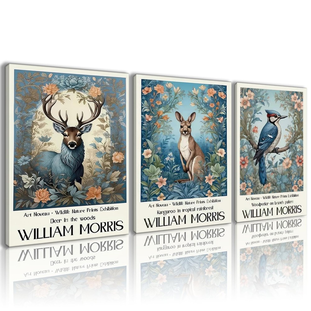Set of 3 William Morris Style Wildlife Canvas Wall Art Vintage Botanical Deer…