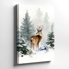 Wall Art Deer in Snowy Pine Forest Winter Wildlife Watercolor Print Home Decor