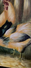 Vtg Rooster Chickens Farm Life Oil Painting on Canvas Frame 30X20.5″ Art 25X16″