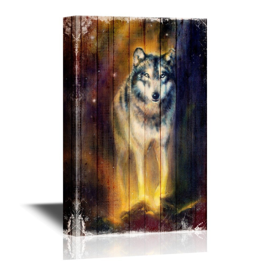 wall26 – Wolf Canvas Wall Art – Wolf on Wooden Style Background – 12×18 inches