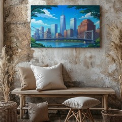 Modern City Skyline Canvas Wall Art with Bridge and River Urban Landscape Print
