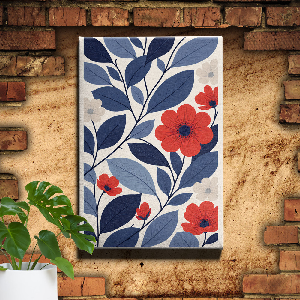 Red Blossom Pattern Canvas Print Modern Floral Navy Background