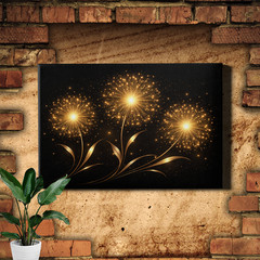 Dandelion Fireworks Canvas Print Black Background Sparkling Metallic Gold Glow