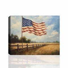 American Flag Canvas Wall Art, Rustic Field Poster Artwork for 4th of July, P…
