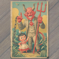 Art Print Devil Holding Trident Vintage Style Whimsical Retro Cartoon Design