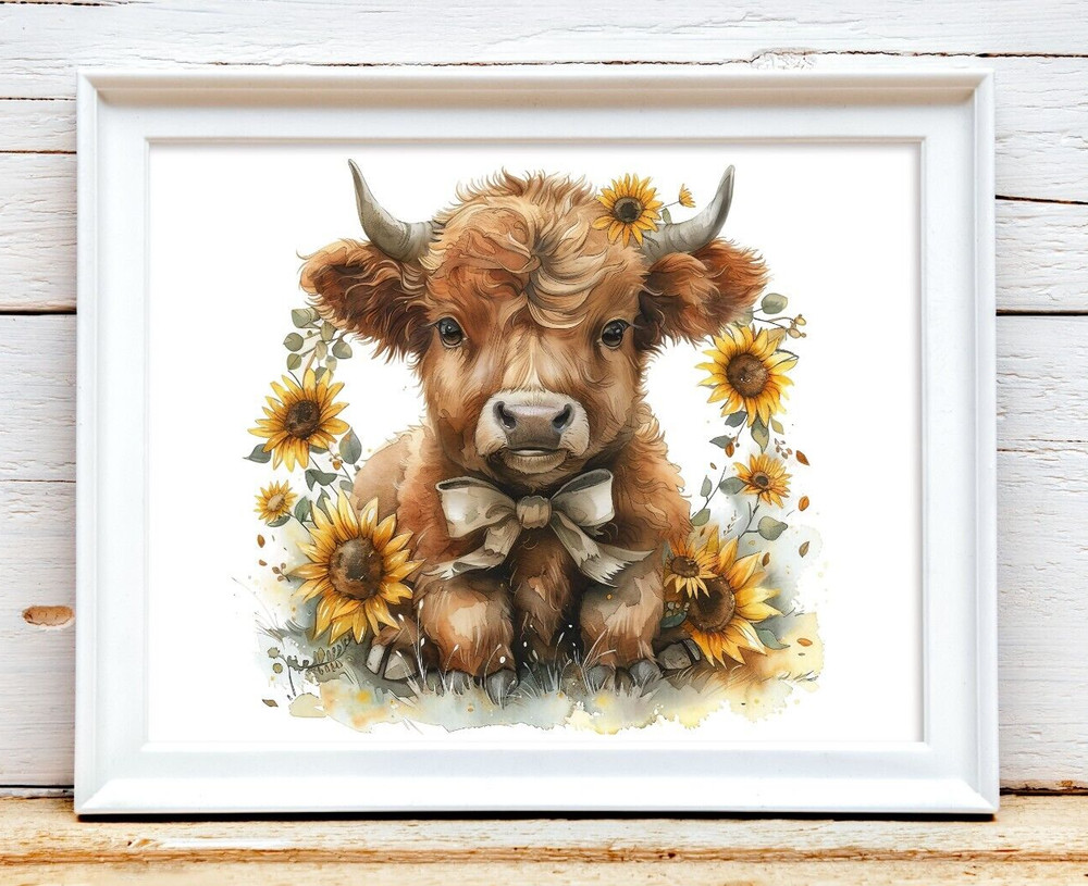 Cow Wall Art Print, Highland Cow With Bow Art Print Farmhouse Decor, Sunfllowers