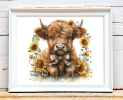 Cow Wall Art Print, Highland Cow With Bow Art Print Farmhouse Decor, Sunfllowers