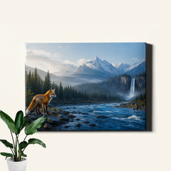 Red fox by misty alpine waterfall river Canvas Art dramatic wildlife landscape