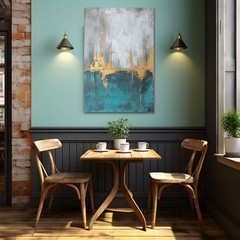 Abstract Gold Teal Gray Painting Print, Framed Canvas Wall Art Modern Elegant