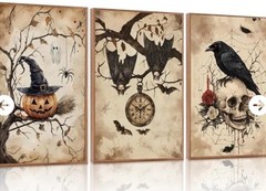 Halloween Spooky Gothic Framed Prints 16×24 3pc Bats Pumpkin Raven Skull