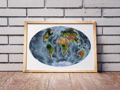 World Map, Aitoff Projection World Map, Printed and Framed World Relief Map