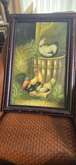 Vtg Rooster Chickens Farm Life Oil Painting on Canvas Frame 30X20.5″ Art 25X16″