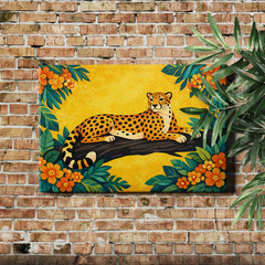 Art deco leopard Canvas Print vibrant yellow floral background wildlife portrait