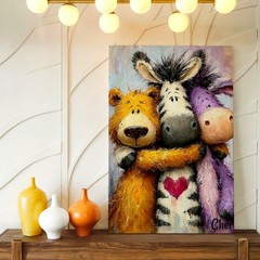 Wall Art Cute Animal Friends Painting Zebra Bear Donkey Hugging Canvas Print