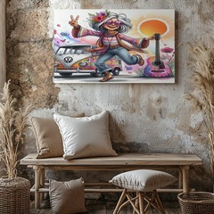 Bohemian Hippie Grandma Canvas Wall Art Colorful VW Bus Guitar Peace Vibes Print