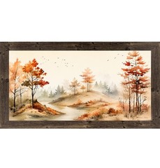 Autumn River Fall Landscape Framed Wall Art Watercolor Wide Farmhouse Scenic Art