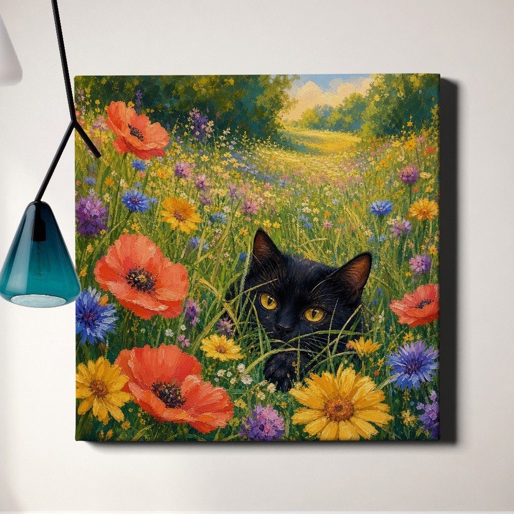 black_cat_peeking_in_wildflowers_painting