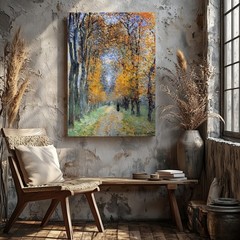 Impressionist Autumn Landscape Canvas Wall Art With Pathway Trees And Figures