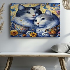 Blue and White Cats in Colorful Teacups with Flowers and Butterfly Canvas Art