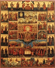 The Six Days of Creation (Hexaemeron) with Selected Saints. Orthodox icon