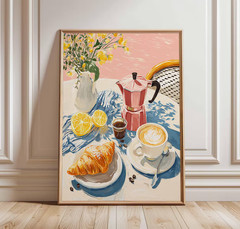 French Café Breakfast Art Print – Coffee and Croissant Kitchen Wall Art, Vintage