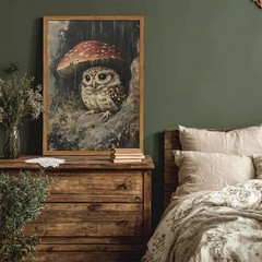 Framed Vintage Owl Canvas Wall Art, Cute Bird Mushroom Pictures Wall Decor, C…