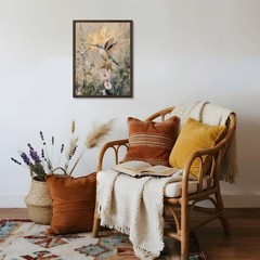 Vintage Floral Framed Wall Art, Hummingbird Gold Foil Style Canvas Prints for…