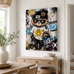 Graffiti Teddy Bear Skateboard Canvas Wall Art Urban Street Art Bear Print Kids